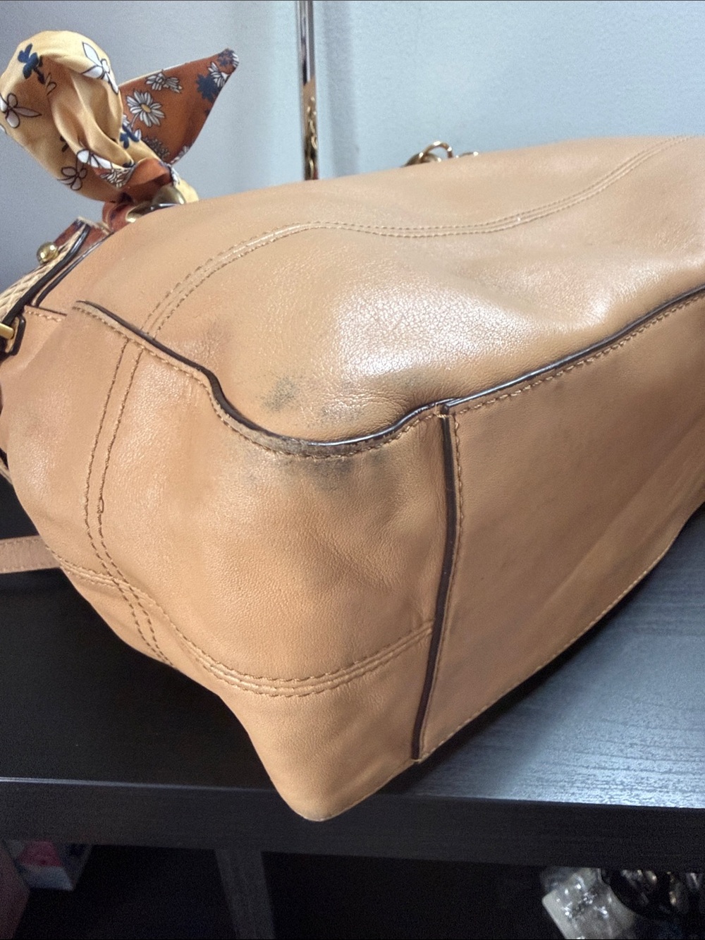 Coach Tan Leather Shoulder Bag with Floral Scarf Accent - Picture 12 of 16